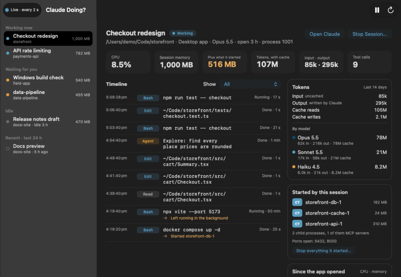 A session's timeline of tool calls, with the containers it started and the files it changed